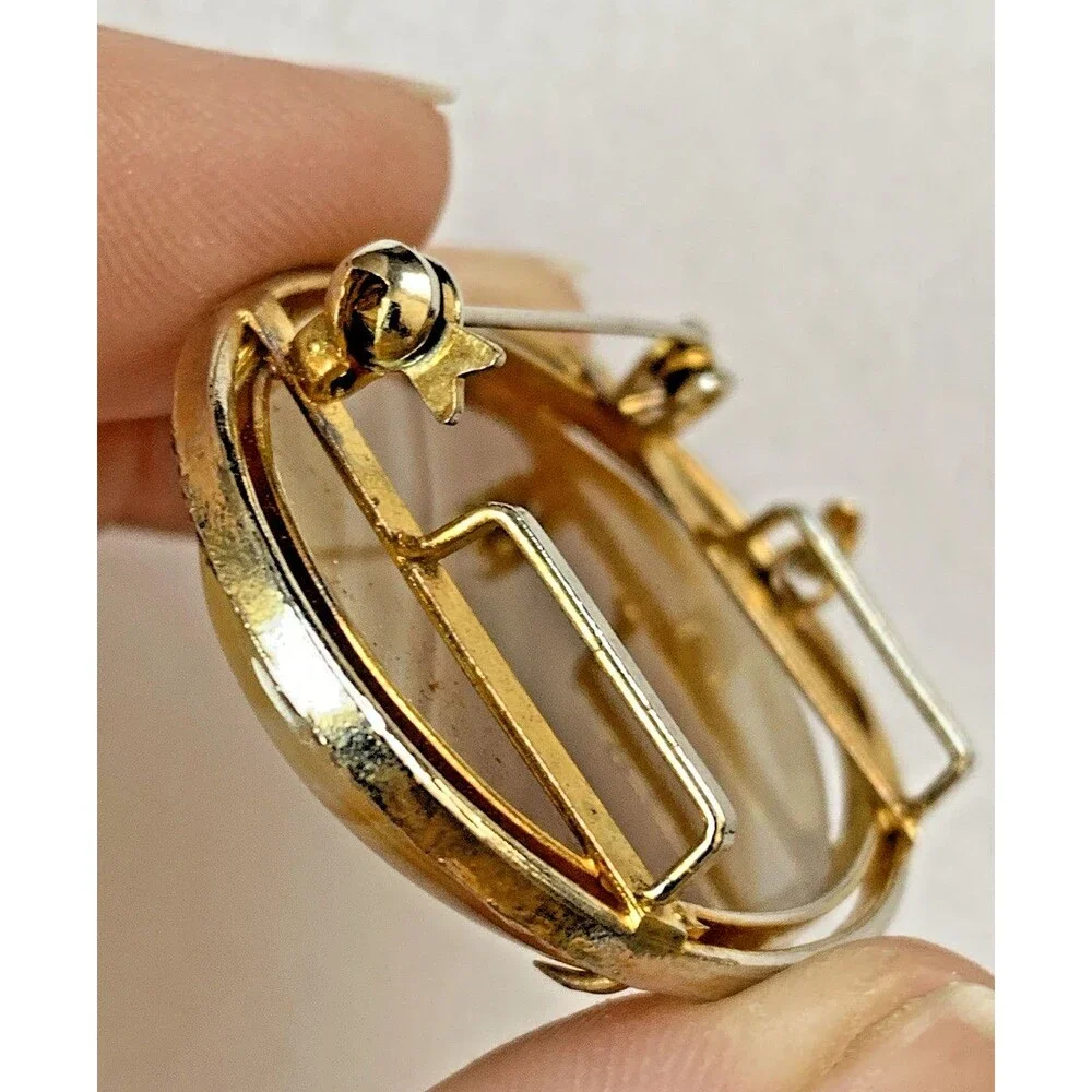 Vintage Banded Agate Stone Brooch Pendant Gold Tone Convertible Oval Cabochon